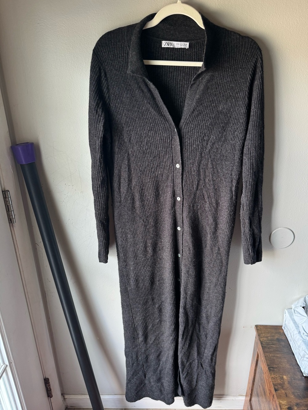 ZARA Charcoal Gray Ribbed Knit Polo Collar Cardigan / Maxi Sweater Dress Size M